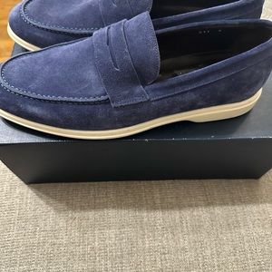 Blue suede loafers with white sole